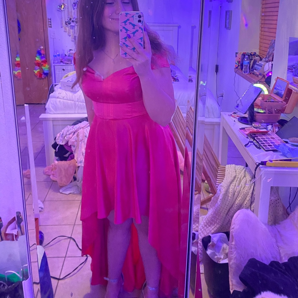 High low, Pink off the shoulder Prom/Homecoming Dress.